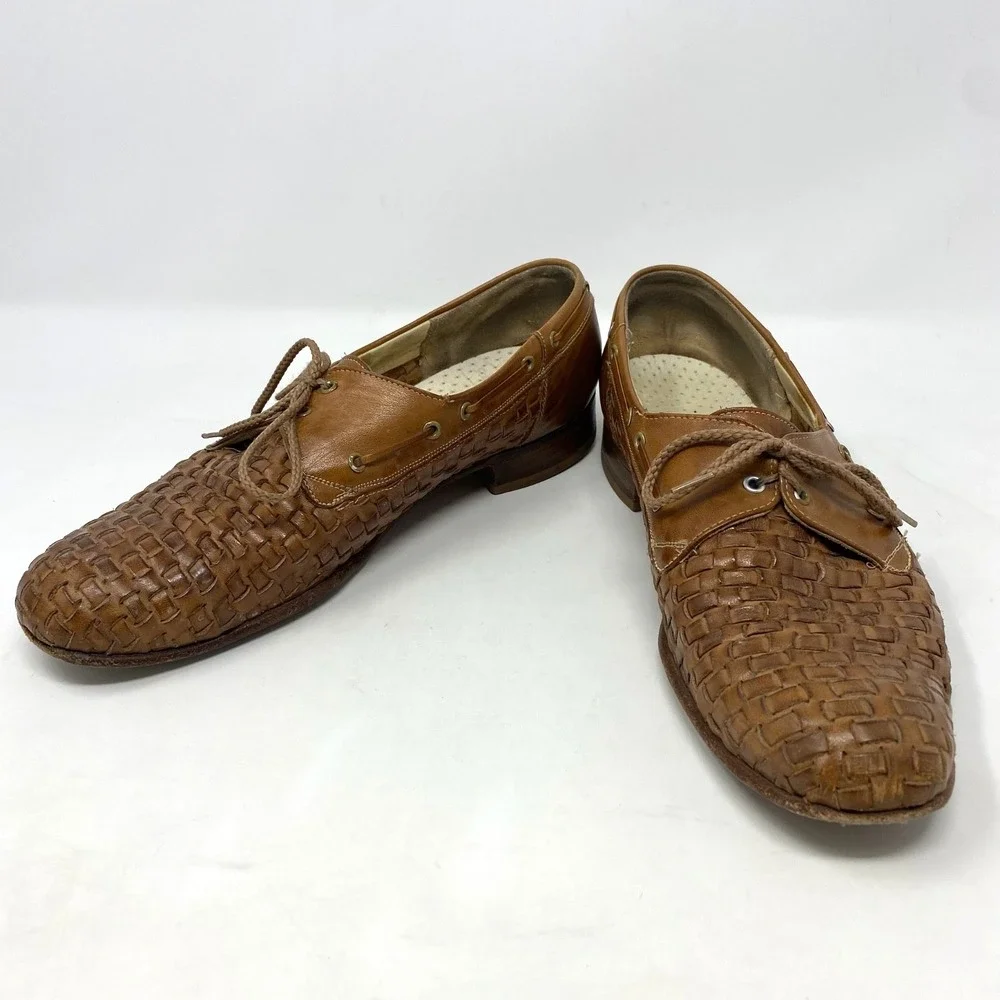 Florsheim Royal Imperial Mens 7.5D Woven Brown Leather‎ Lace Up Made In USA